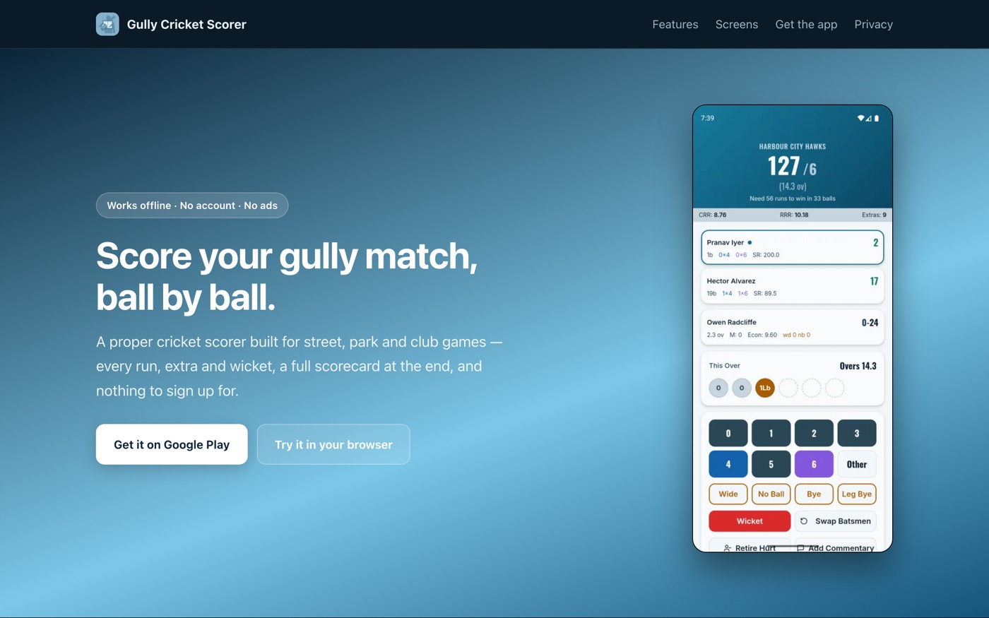 The Gully Cricket Scorer site, showing the ball-by-ball scoring screen of the Android app.