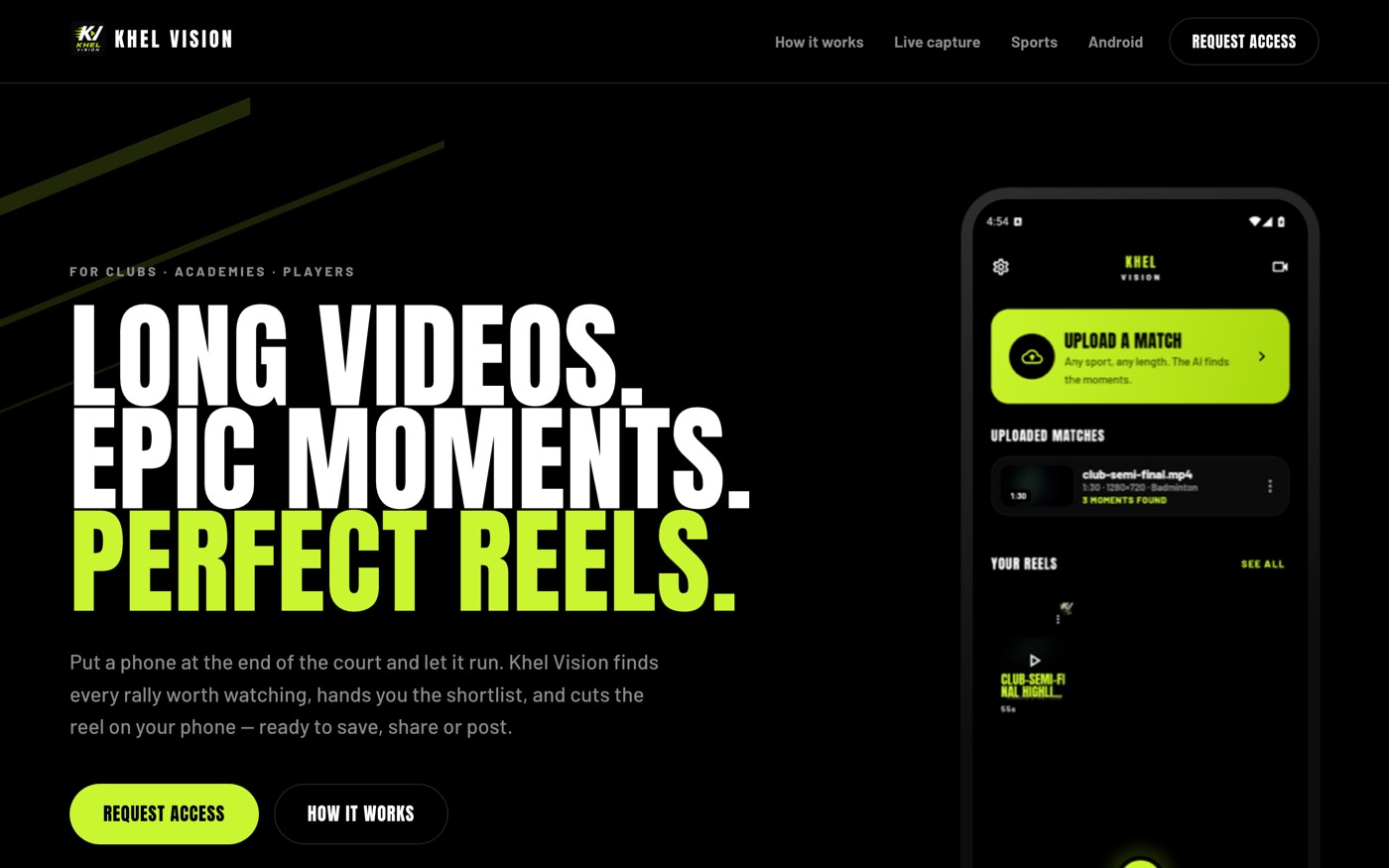 The Khel Vision site, showing the Android app with an uploaded badminton match and the reels made from it.