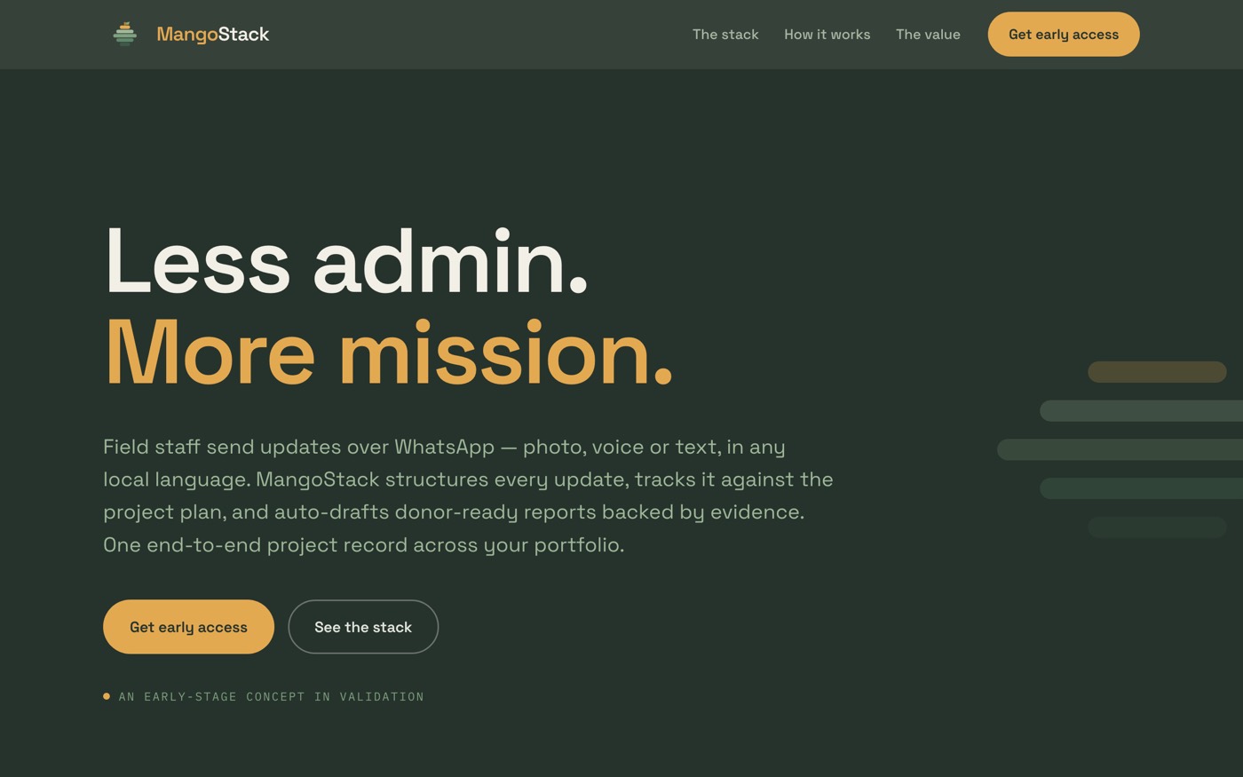 The MangoStack site, showing field updates arriving over WhatsApp and being turned into structured project evidence.