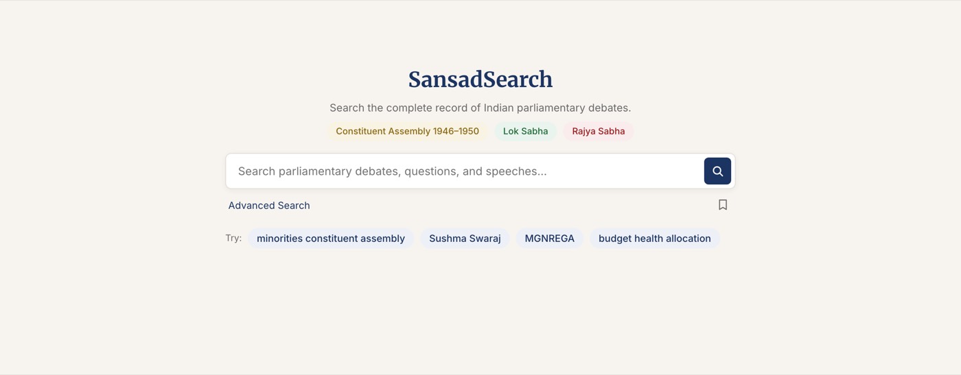 The Sansad Search home page, with its search box and filters for the Constituent Assembly, Lok Sabha and Rajya Sabha.